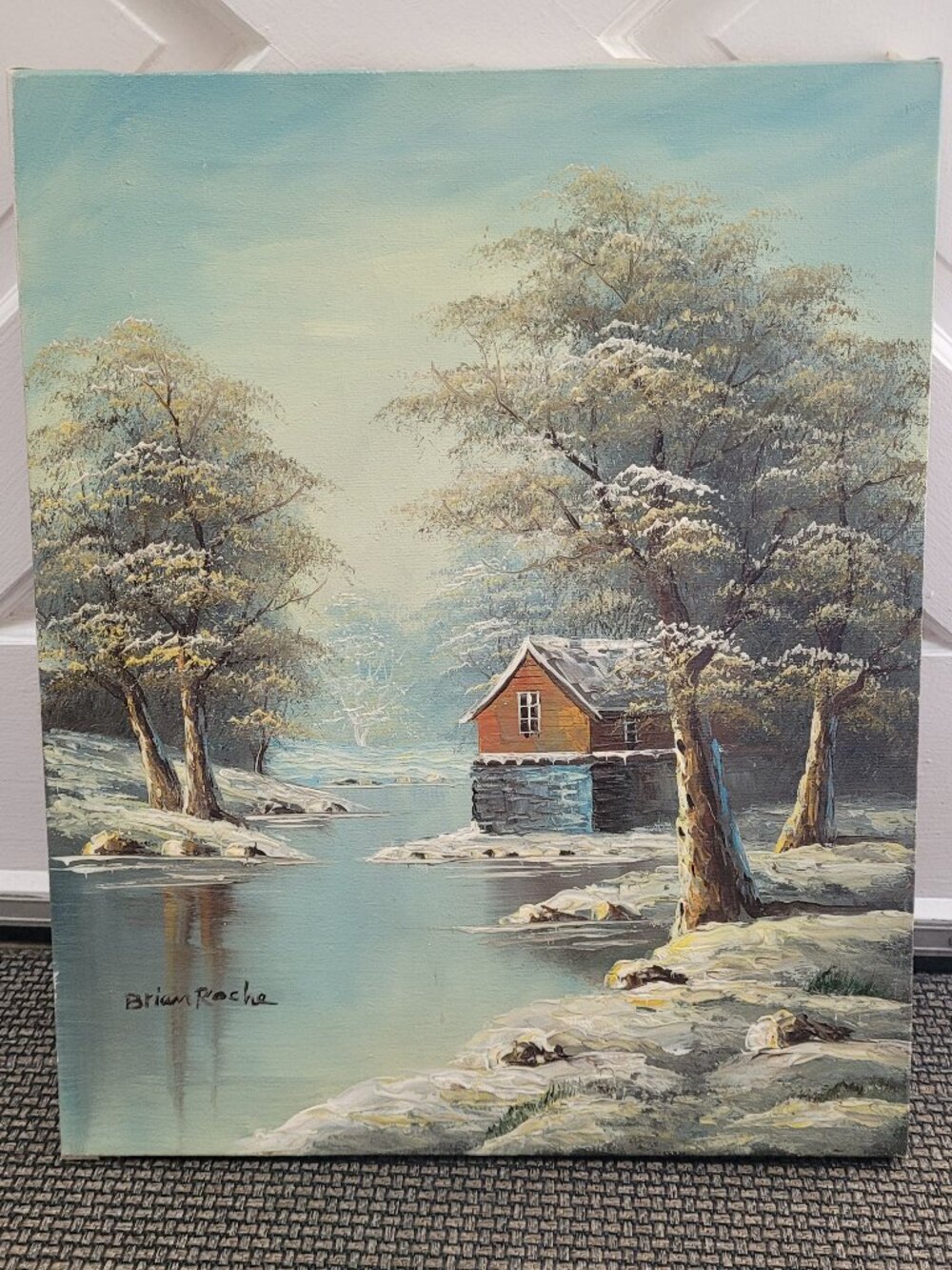 Winter Cabin Landscape Painting Signed Art Brian Roche Vintage Unframed READ